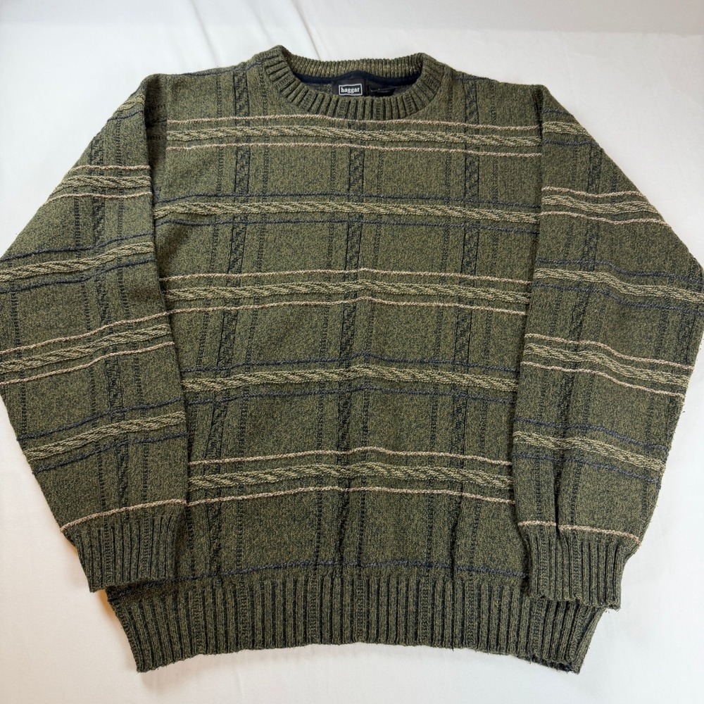 Haggar Mens Italian Olive Green Cable Knit Grid Crewneck Sweater Medium MH2096